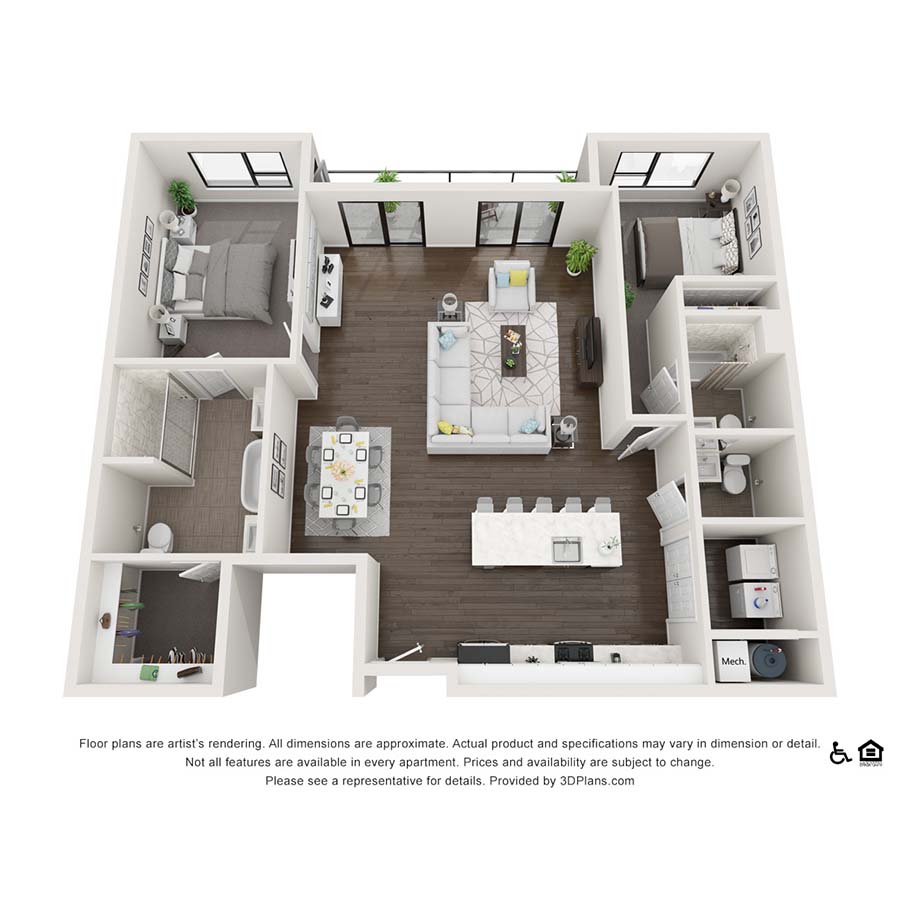Rendering of the 2x2.5 D Penthouse floor plan with 2 bedroom[s] and 2.5 bathroom[s] at theRANDI
