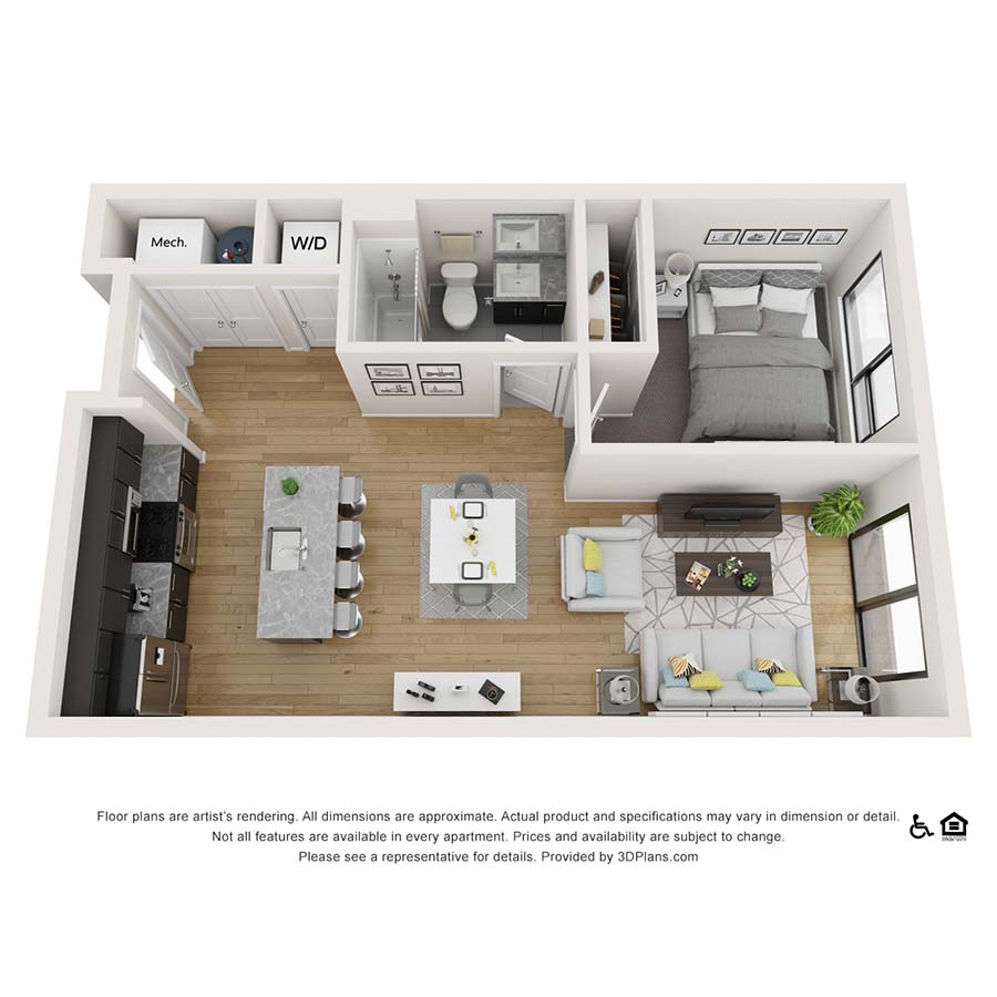 Rendering of the 1x1 B floor plan with 1 bedroom[s] and 1 bathroom[s] at theRANDI