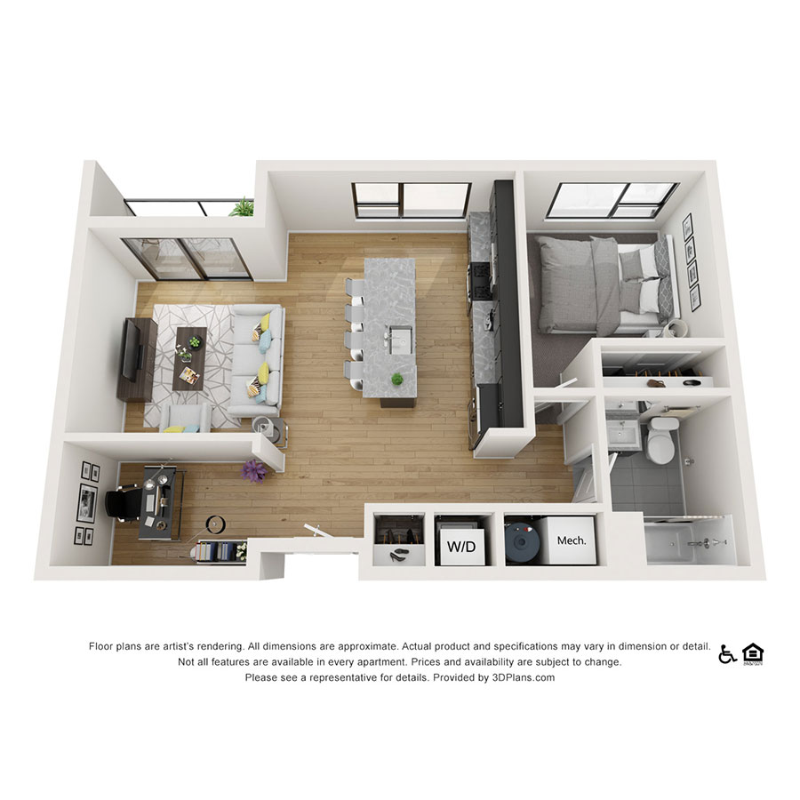 Rendering of the 1x1 Den D floor plan with 1 bedroom[s] and 1 bathroom[s] at theRANDI