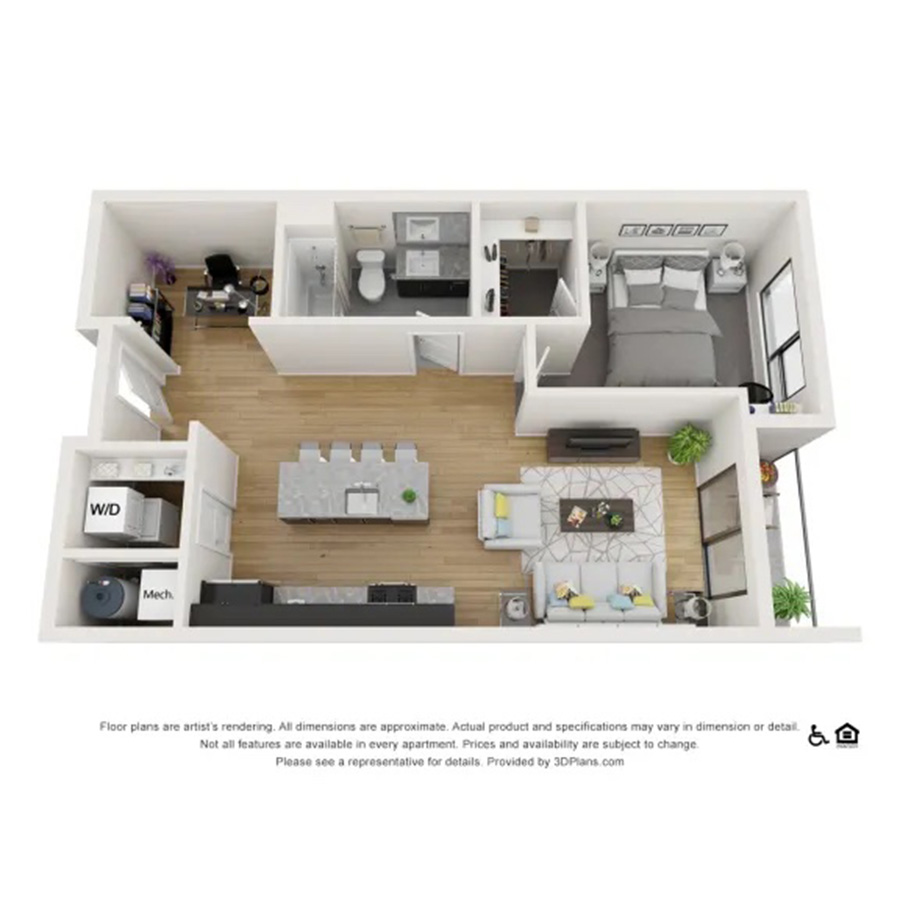Rendering of the 1x1 Den A floor plan with 1 bedroom[s] and 1 bathroom[s] at theRANDI