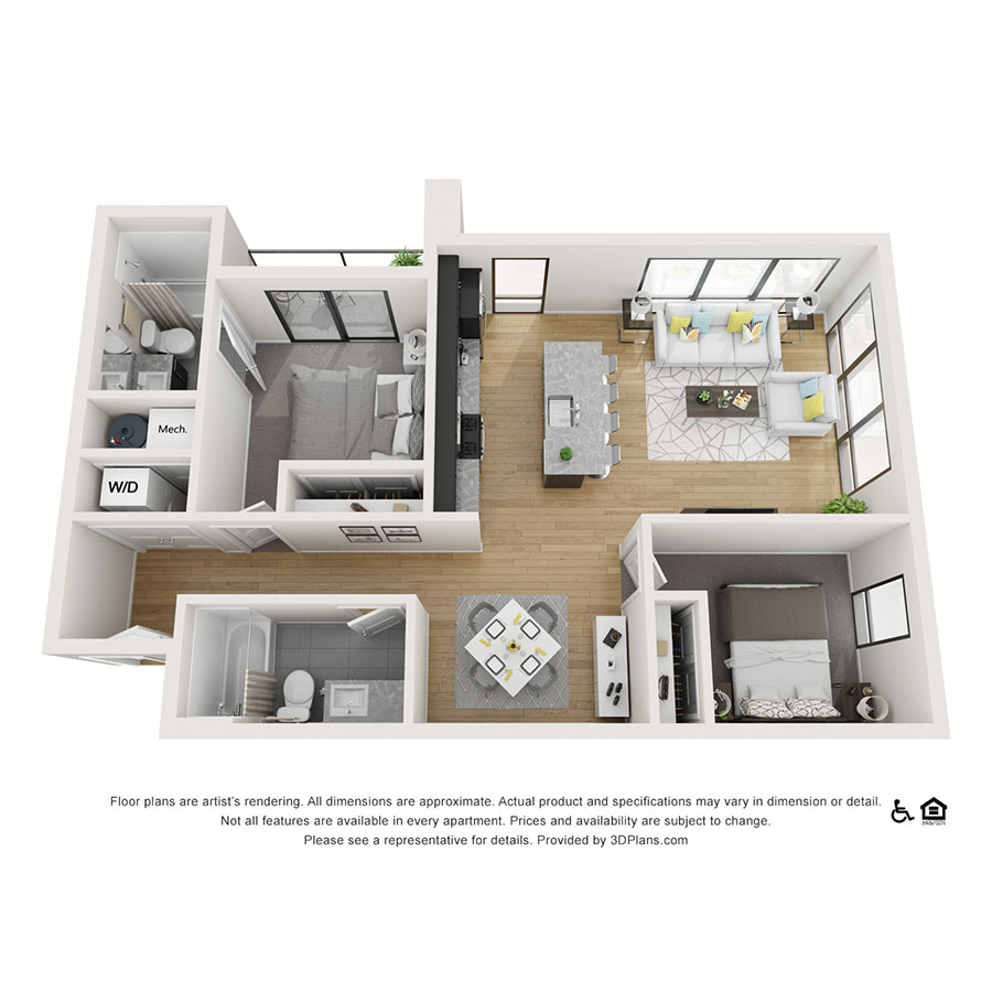 Rendering of the 2x2 A floor plan with 2 bedroom[s] and 2 bathroom[s] at theRANDI