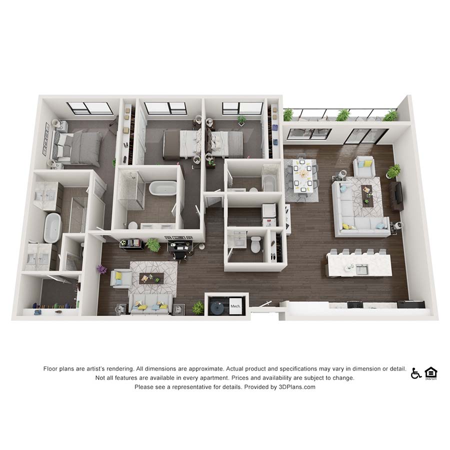 Rendering of the 3x3.5 E Penthouse floor plan with 3 bedroom[s] and 3.5 bathroom[s] at theRANDI