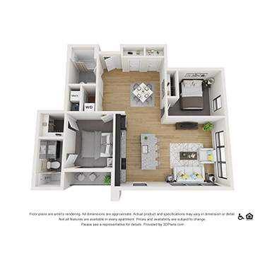Rendering of the 2x2 B floor plan with 2 bedroom[s] and 2 bathroom[s] at theRANDI