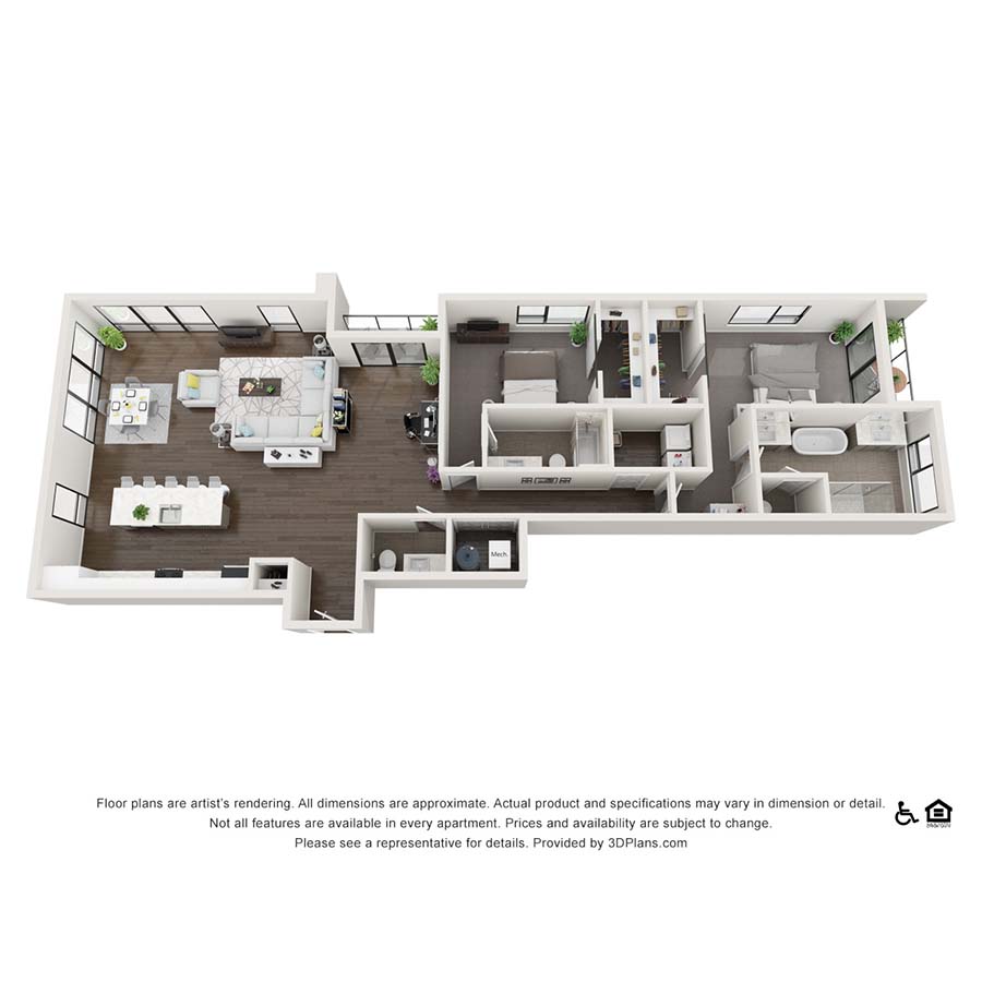 Rendering of the 2x2.5 C Penthouse floor plan with 2 bedroom[s] and 2.5 bathroom[s] at theRANDI