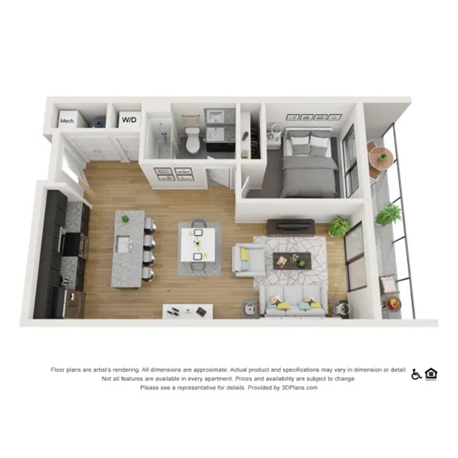 Rendering of the 1x1 D floor plan with 1 bedroom[s] and 1 bathroom[s] at theRANDI