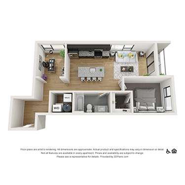 Rendering of the 1x1 Den E floor plan with 1 bedroom[s] and 1 bathroom[s] at theRANDI