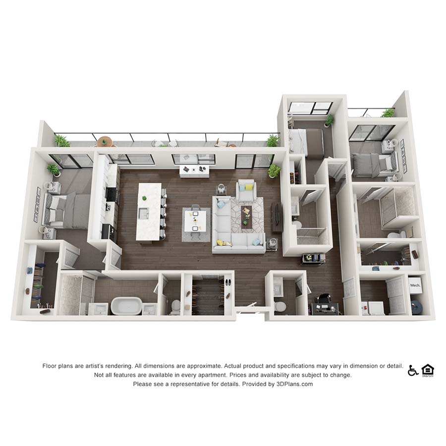 Rendering of the 3x3.5 B Penthouse floor plan with 3 bedroom[s] and 3.5 bathroom[s] at theRANDI