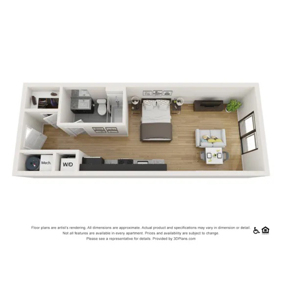 Rendering of the Studio floor plan with a Studio bedroom and 1 bathroom[s] at theRANDI