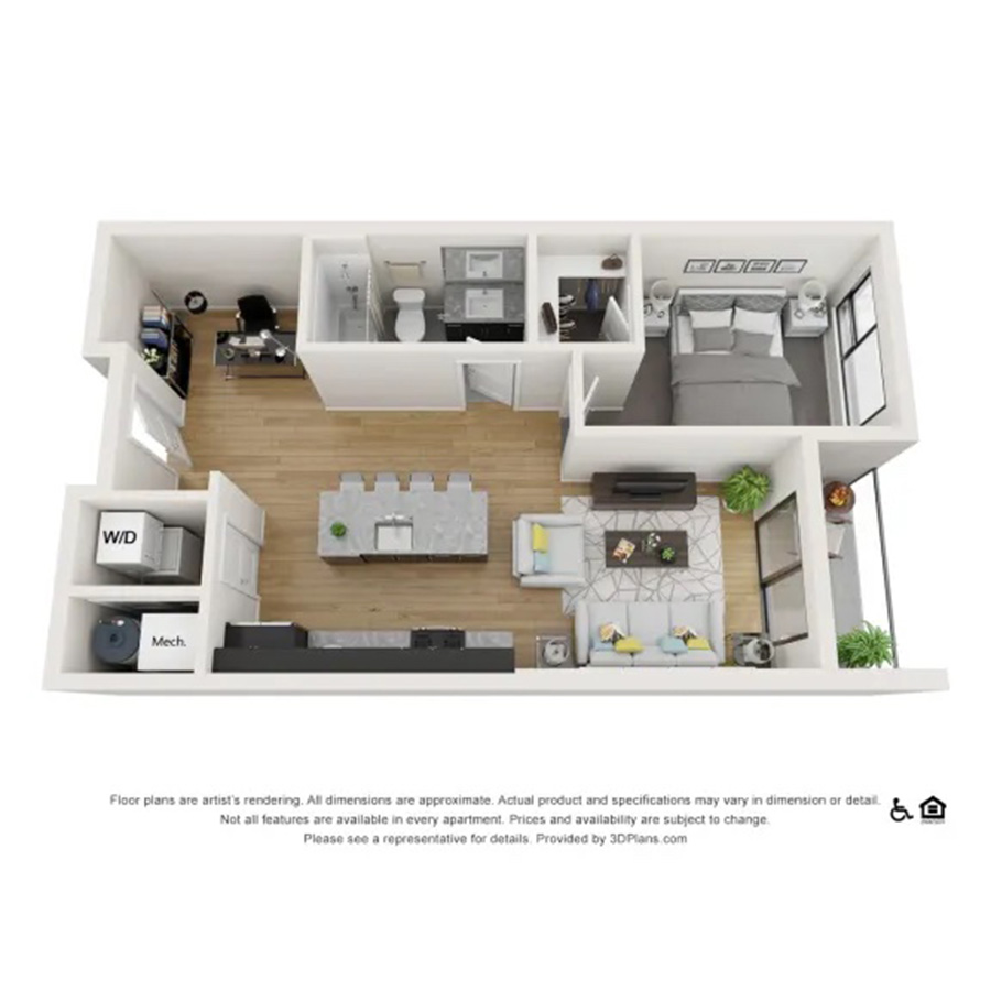 Rendering of the 1x1 Den C floor plan with 1 bedroom[s] and 1 bathroom[s] at theRANDI