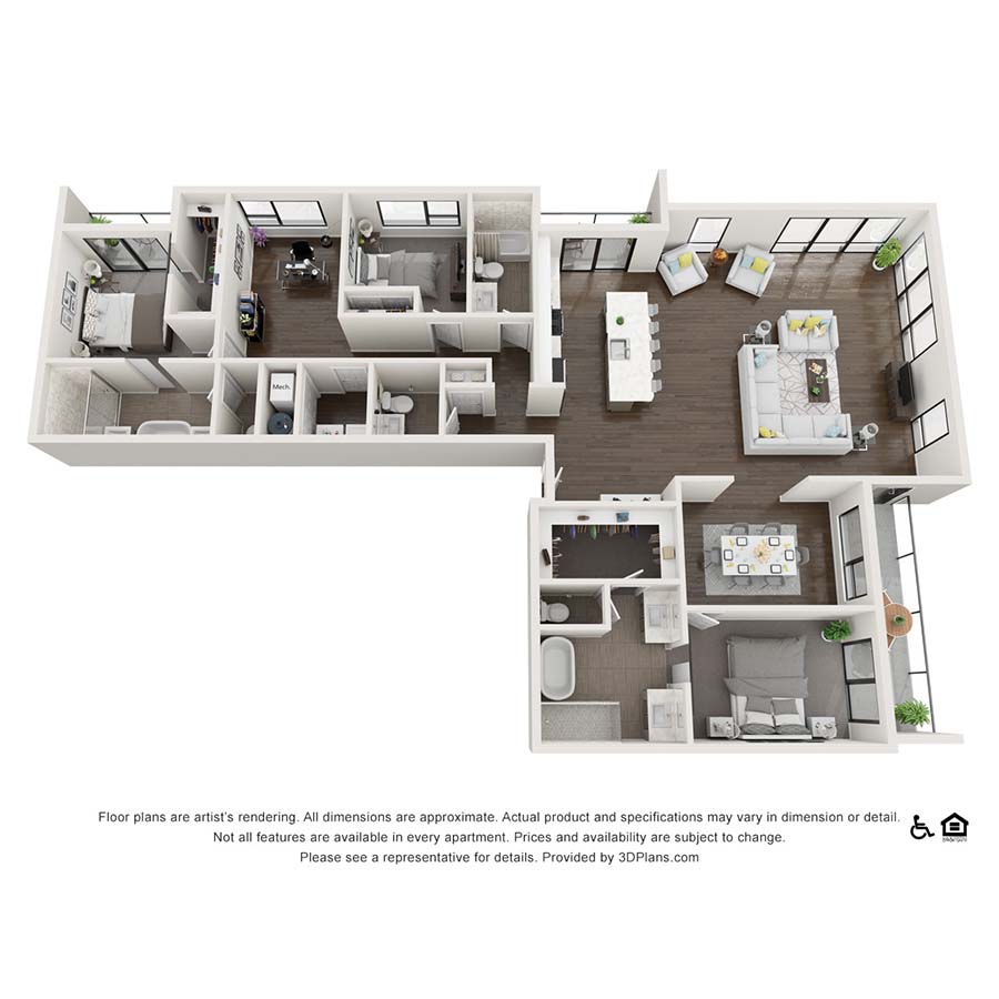 Rendering of the 3x3.5 A Penthouse floor plan with 3 bedroom[s] and 3.5 bathroom[s] at theRANDI
